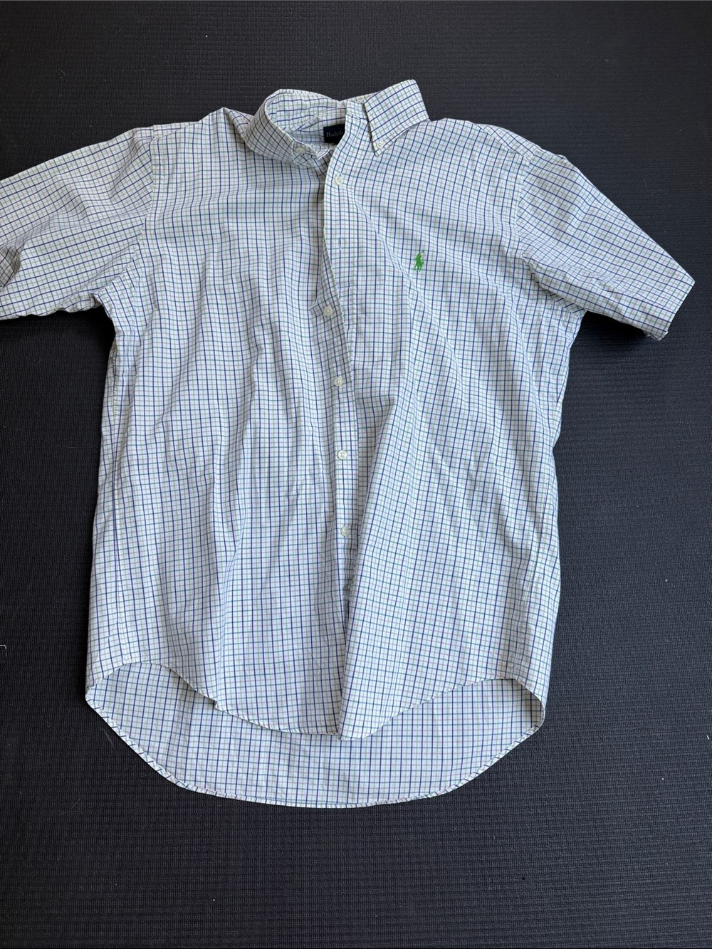 Ralph Lauren White Short-Sleeve Plaid Button-Down Shirt with Green/Blue Accents